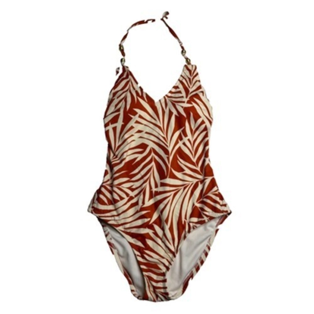 Shade & Shore Womens Small Tropical Palm Leaf One Piece Swimsuit Halter Orange